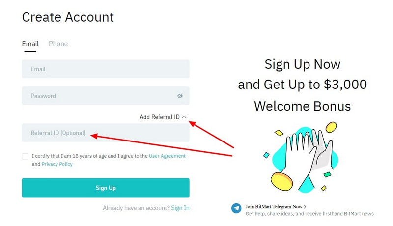 Bitmart registration with Referral ID